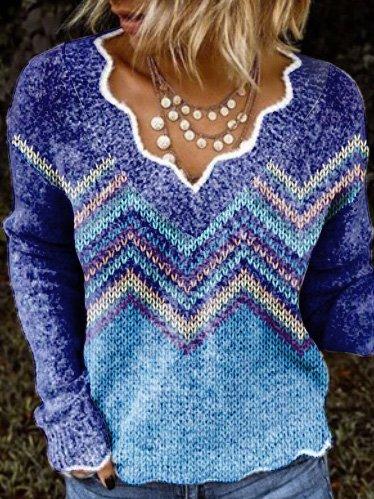 Purple Exotic V Neck Long Sleeve Stripes Sweater
