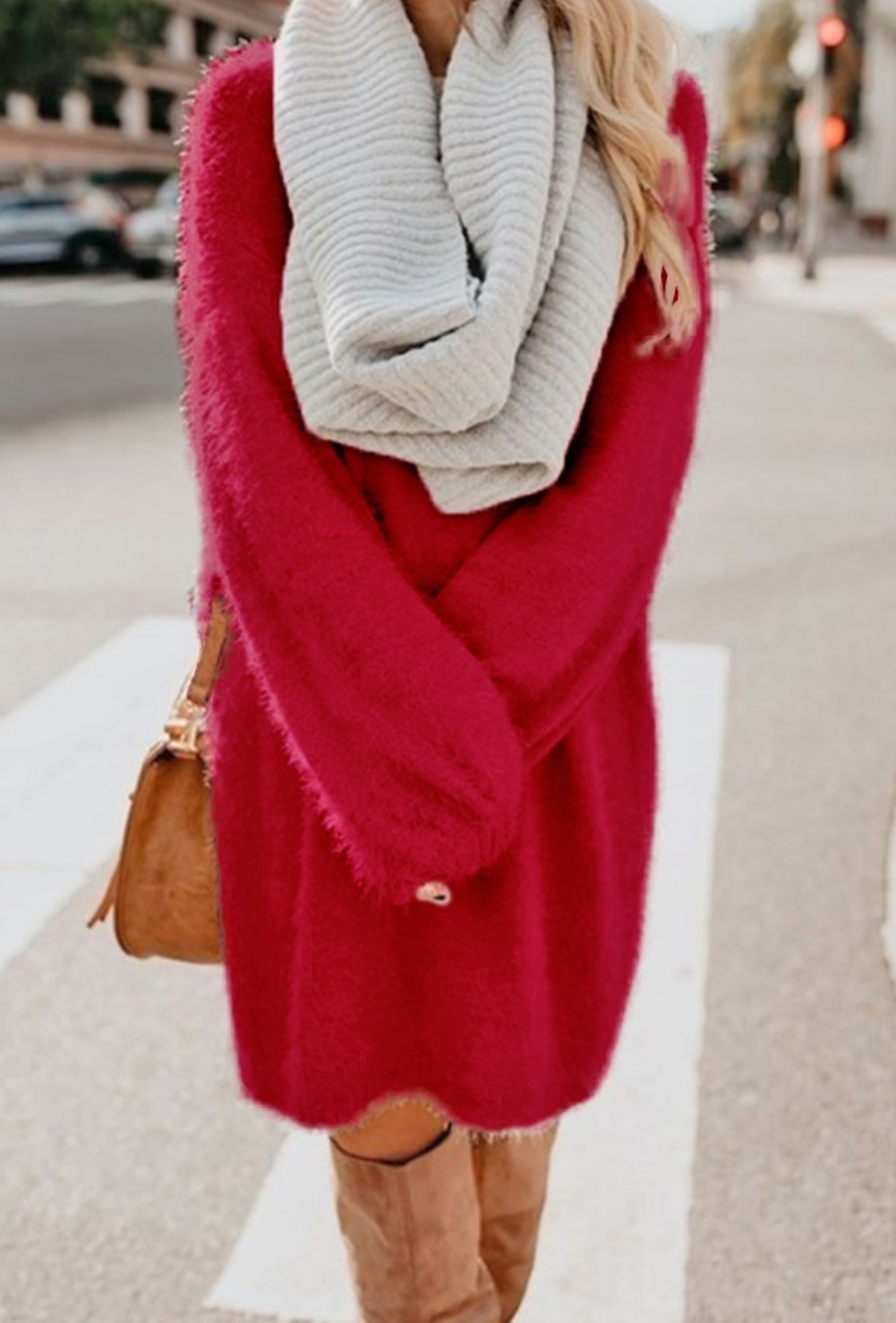 Solid Color O-Neck Long Sleeve Plush Dress