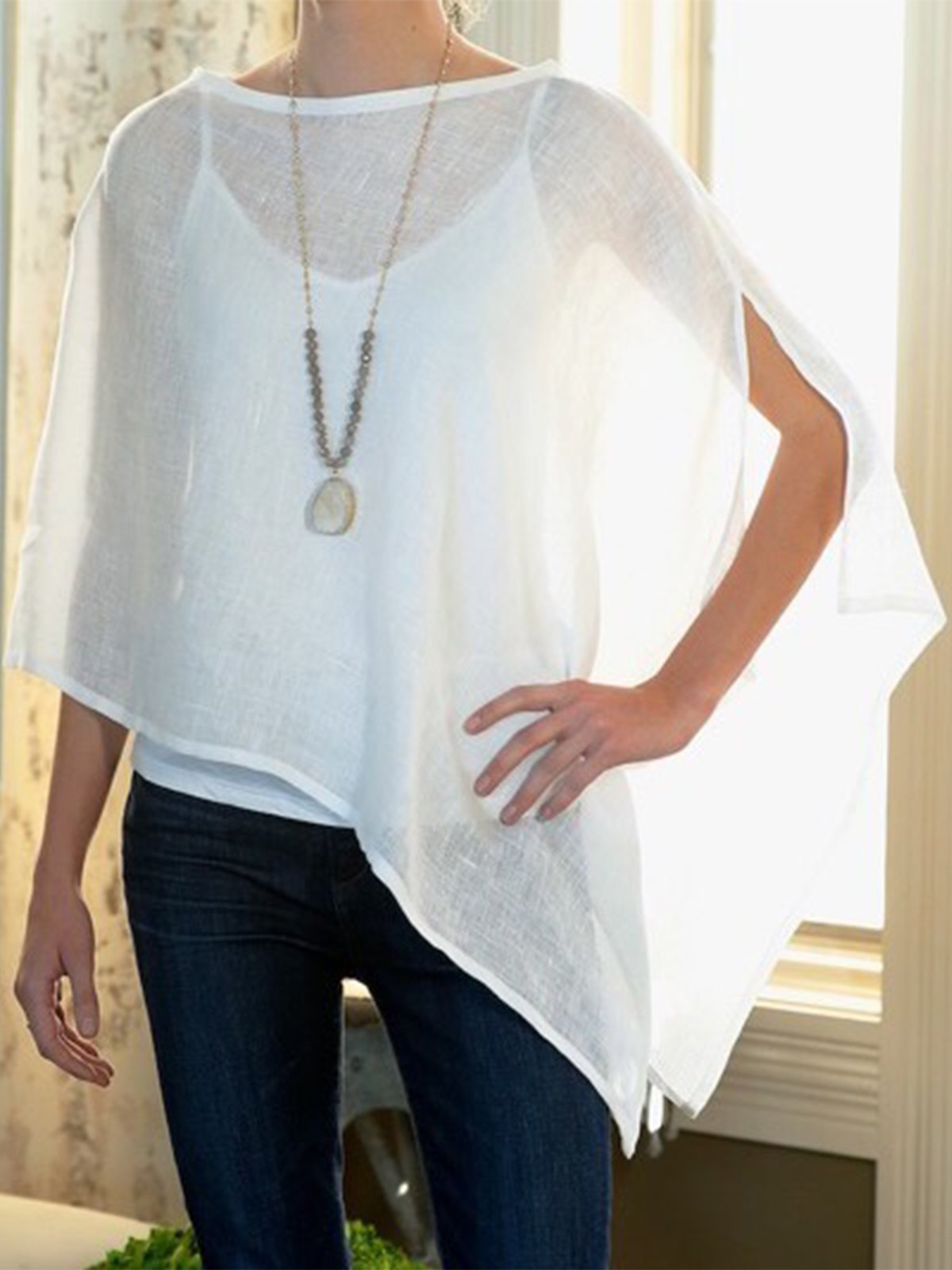 Plus Size Solid Crew Neck Casual Tops With Lining