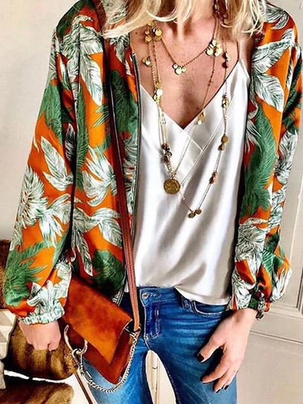Women's Vintage Printed Color Metal Zipper Long Sleeve Cardigan