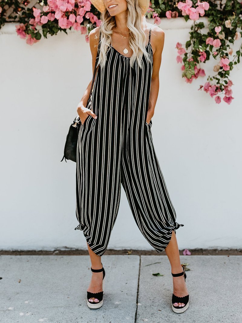 Fashion Sling Striped Broad Leg Sleeveless Jumpsuits