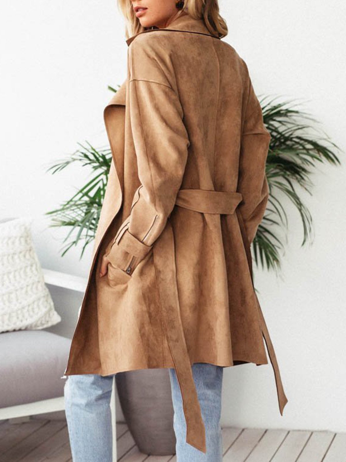 Khaki Elegant Paneled Pu Plain Coat