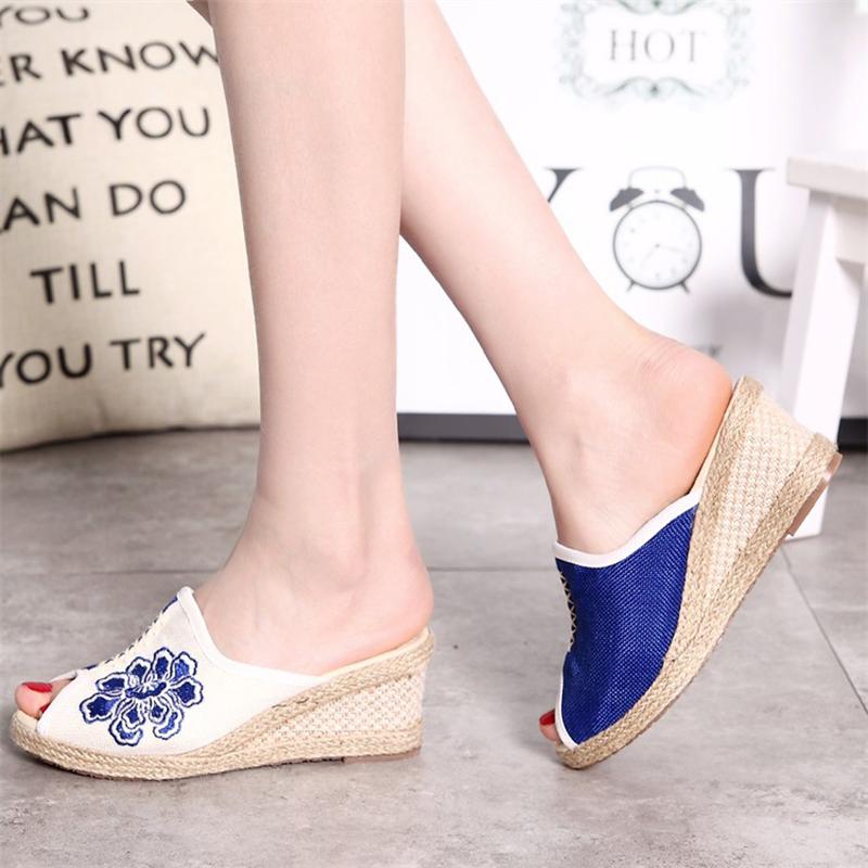 Sandkini Peep Toe Cloth Flower Wedge Heel Slippers