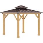 Outsunny 10��10 Hardtop Gazebo with Wooden Frame, Permanent Metal Roof Gazebo Canopy with Ceiling Light Hook for Garden, Patio, Backyard, Brown