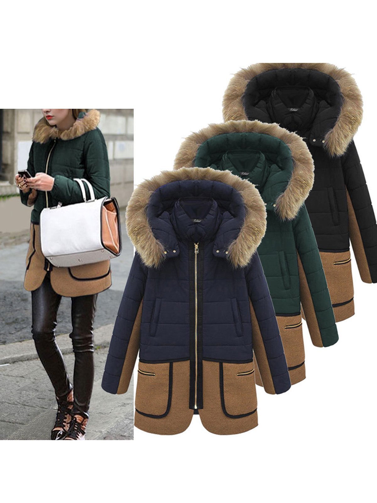 Color-block Zipper Pockets Hoodie Coat