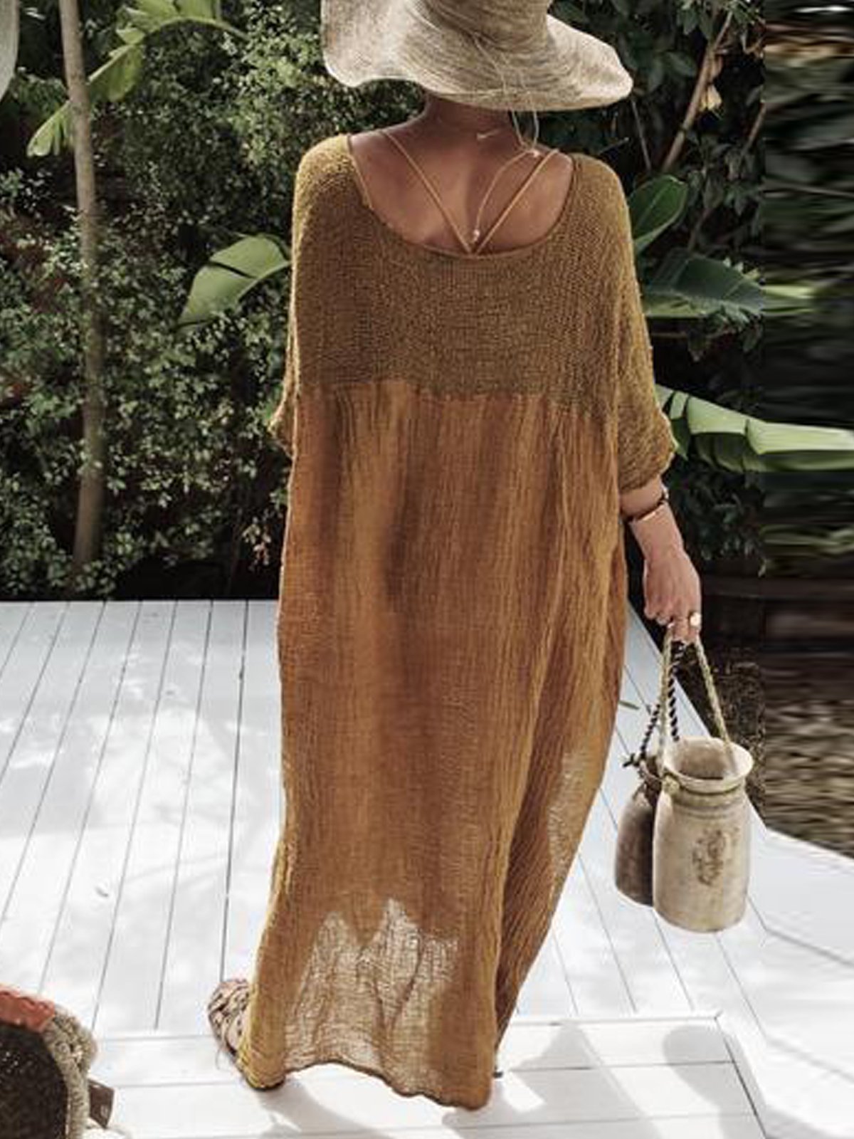 Coffee Half Sleeve V Neck Plain Cotton Dresses