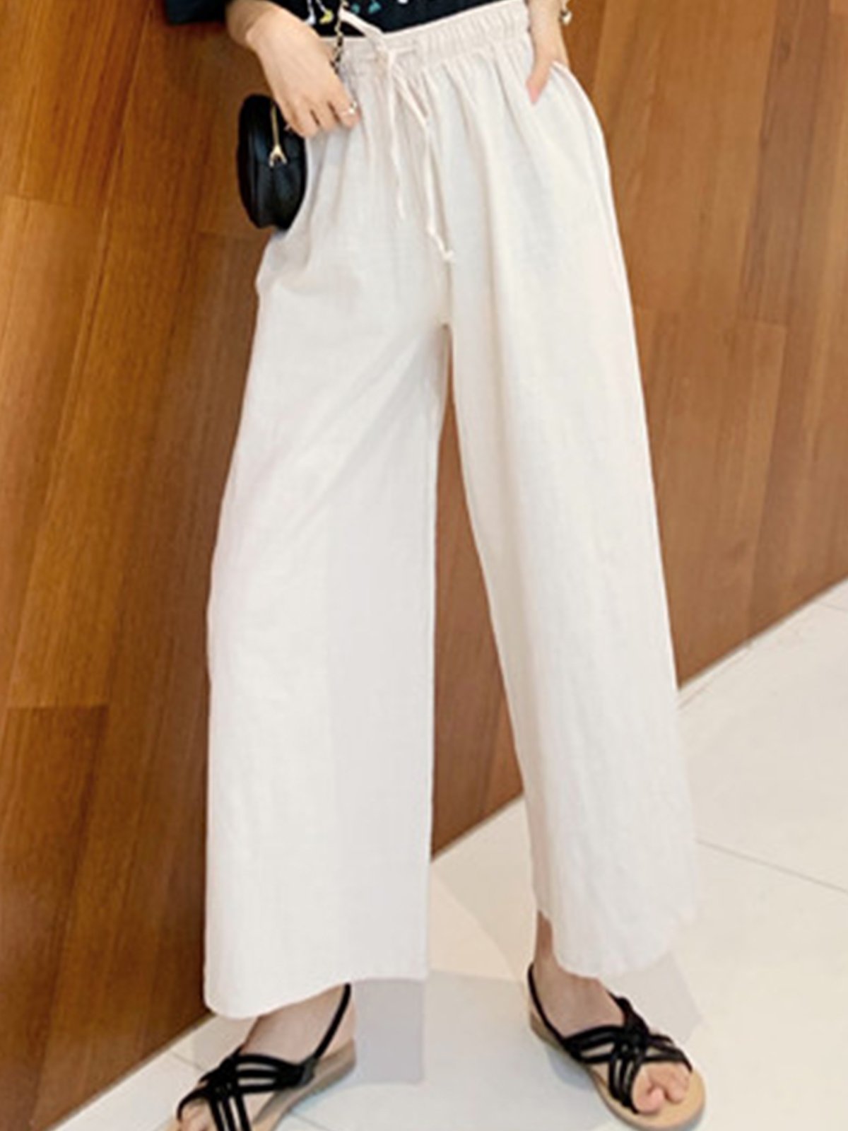 Plus Size Women Cotton And Linen Solid Loose Casual Wide Leg Pants