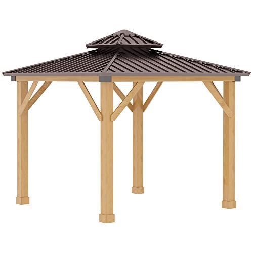 Outsunny 10��10 Hardtop Gazebo with Wooden Frame, Permanent Metal Roof Gazebo Canopy with Ceiling Light Hook for Garden, Patio, Backyard, Brown