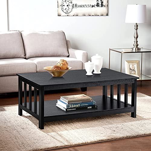 ChooChoo Mission Coffee Table, Black Wood Living Room Table with Shelf / 40 Inches