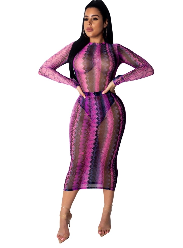 Sexy See Through Print Midi Dress with Sleeves