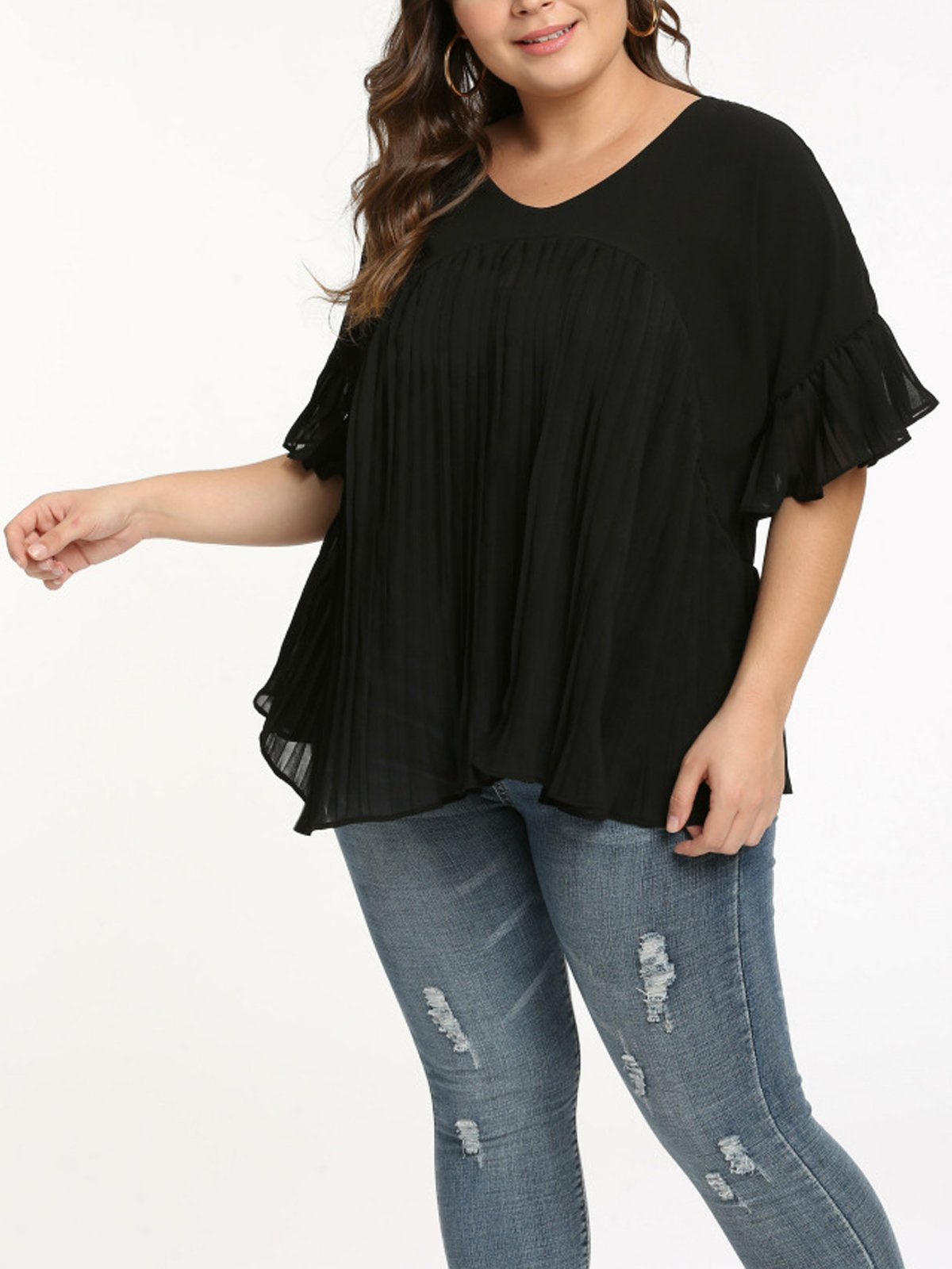 Black Short Sleeve Chiffon V Neck Casual Tops