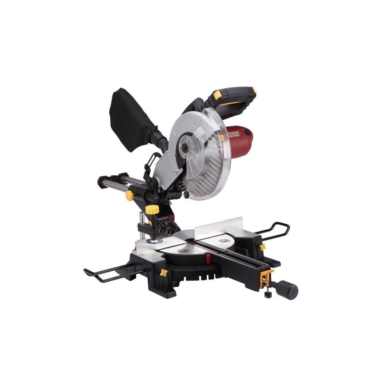 Chicago Pneumatic 10 inch Sliding Compound Miter Saw with 45 Degree Bevel and Dust Bag, Extension Bars and Table Clamp