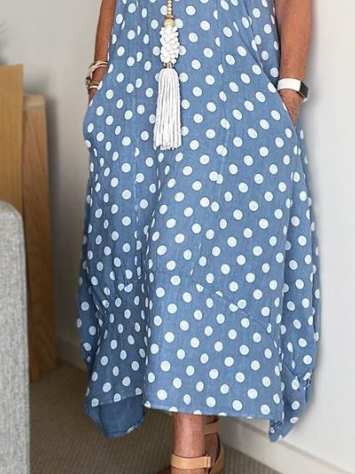 Blue Square Neck Pockets Sleeveless Dresses