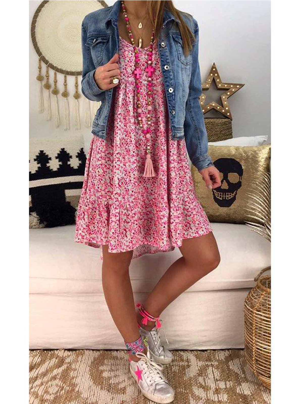 Red Floral Casual Short Sleeve Ruffled Dresses