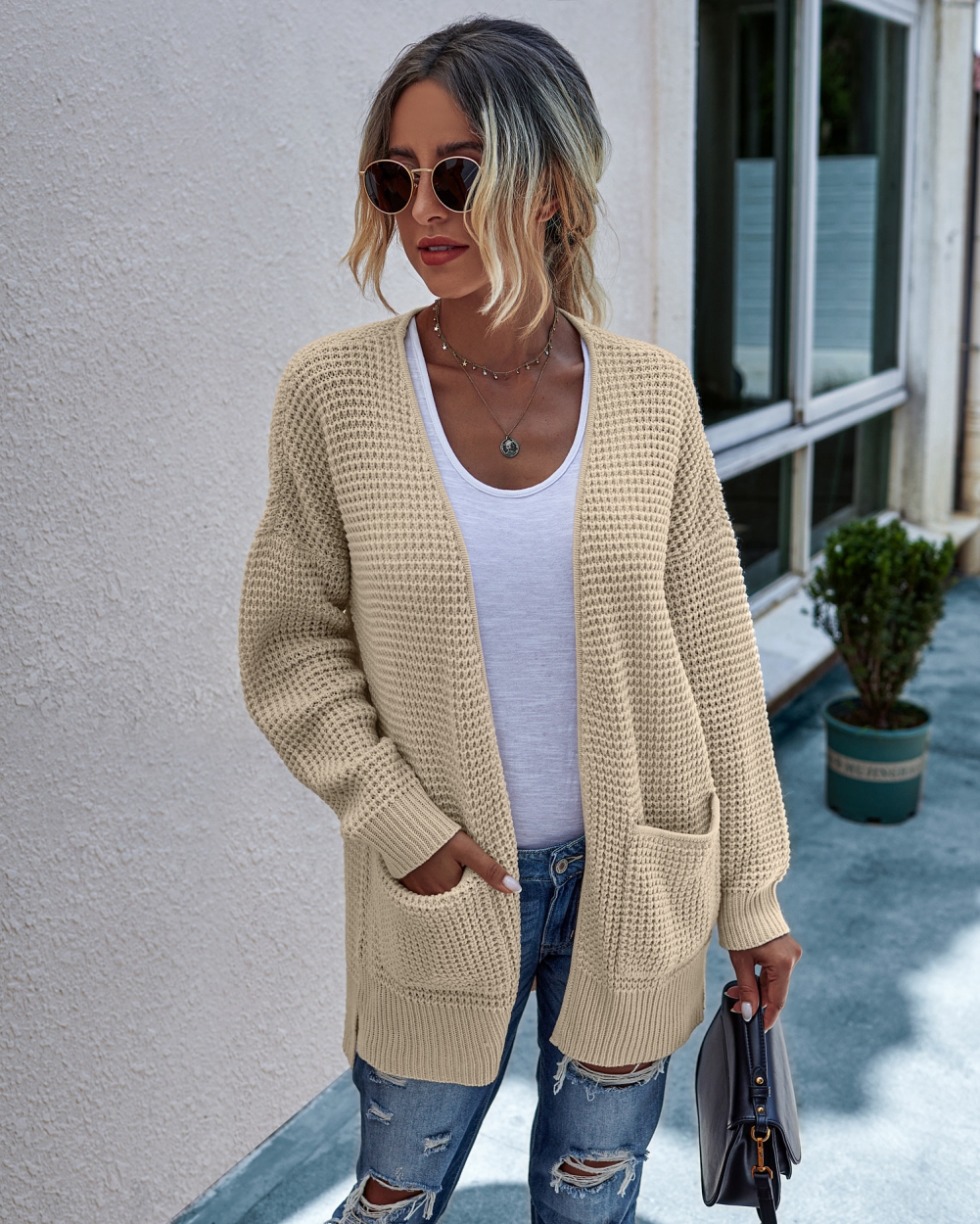 Autumn Plain Knitted Pocket Cardigans