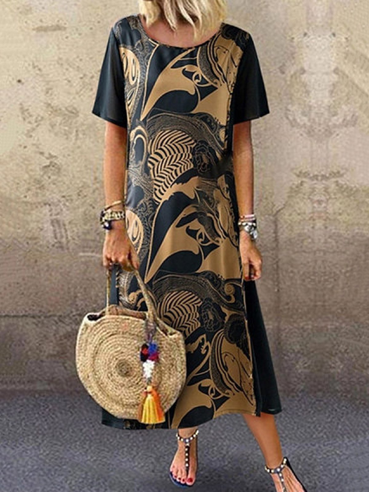 Vintage Printed Short Sleeve Round Neck Midi Dress