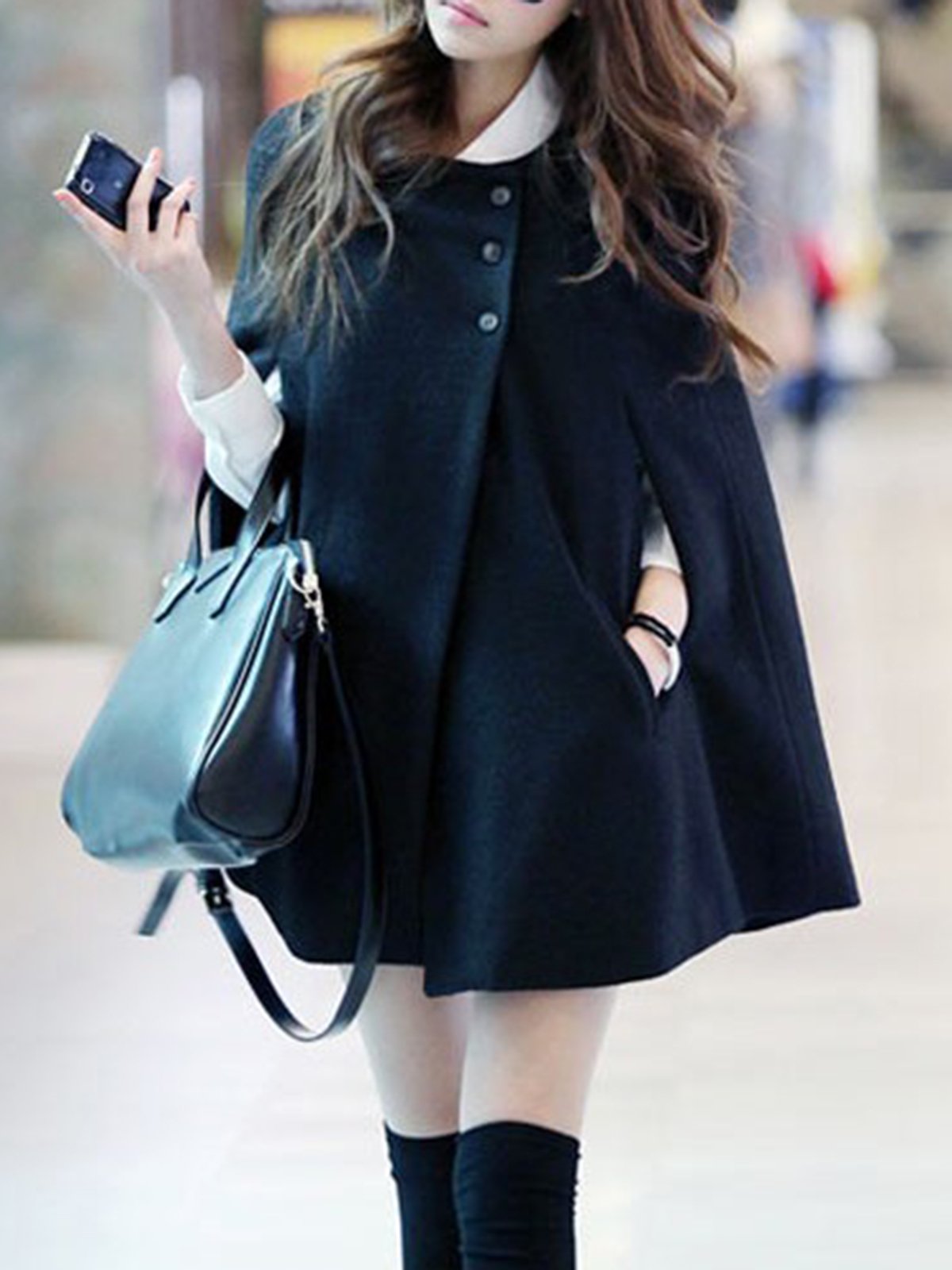 Black Cape Sleeve Crew Neck Solid Poncho