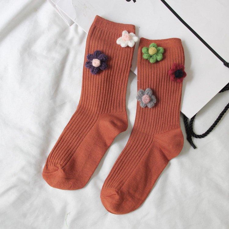 Three-dimensional flower cotton women's vertical tube socks