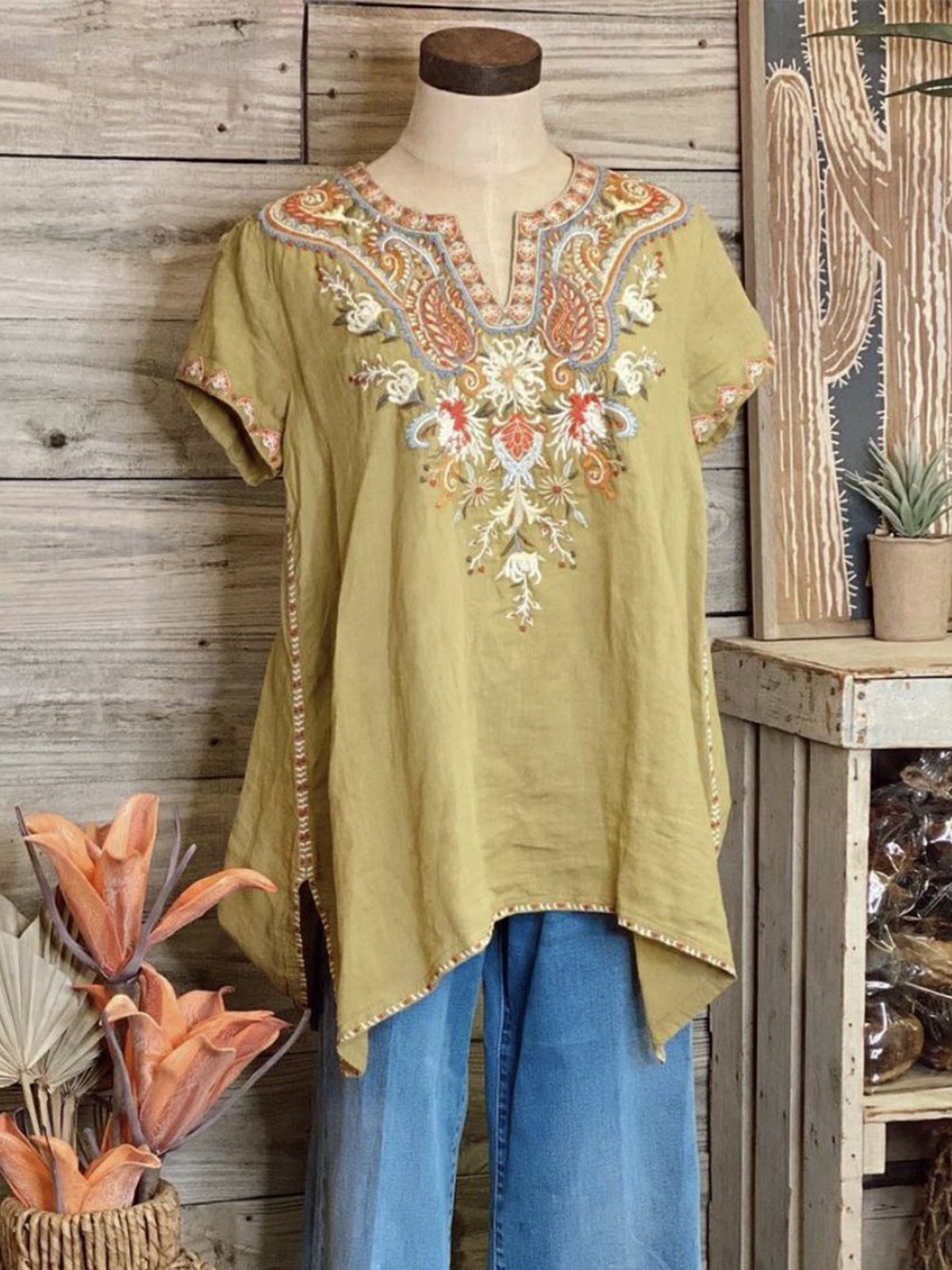 Vintage Short Sleeve Crew Neck Geometric Shirts & Tops