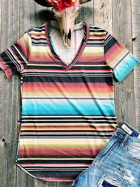 Multicolor Floral-Print Shift Casual Stripes Shirts & Tops