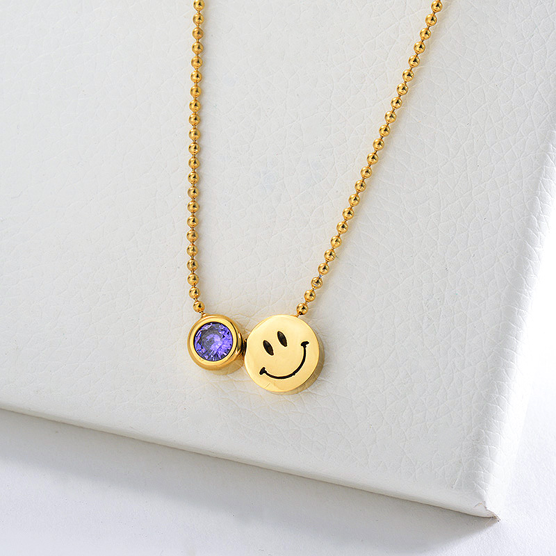 18K Gold Smiley Face Charm With Purple Zirconia Necklace For Women