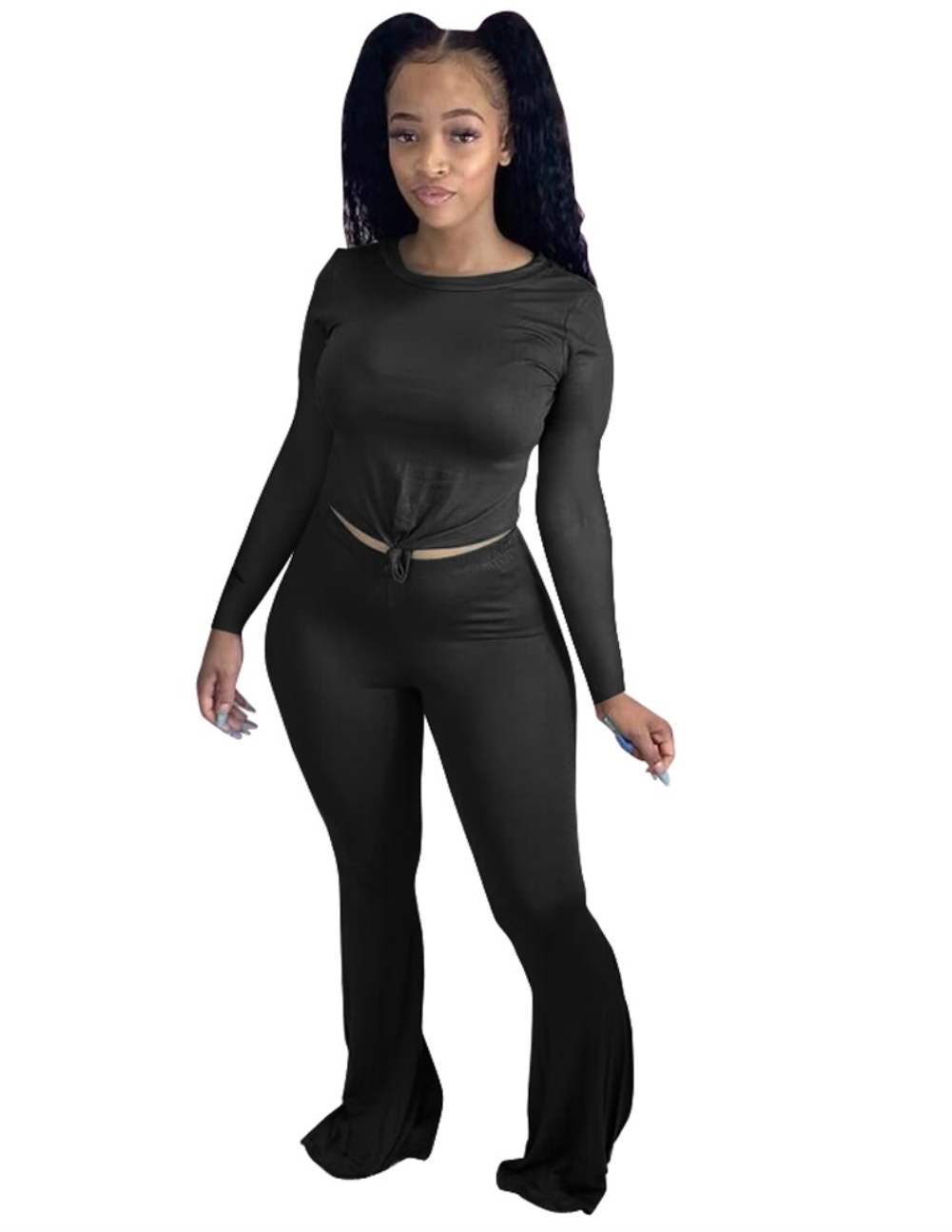 Sexy Plain Shirt and Flare Pants Set