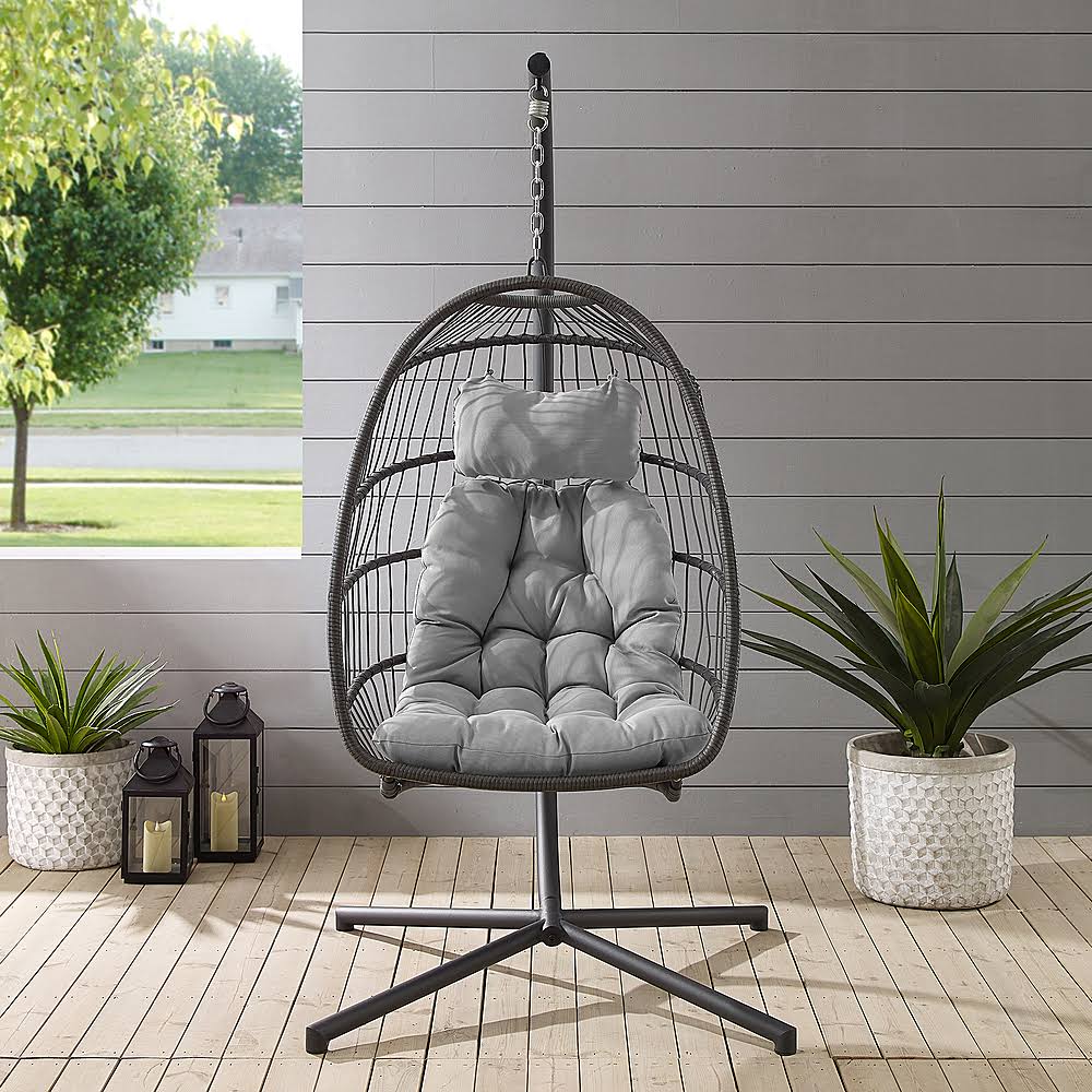 Walker Edison - Swinging Wicker Patio Egg Chair with Cushion - Grey