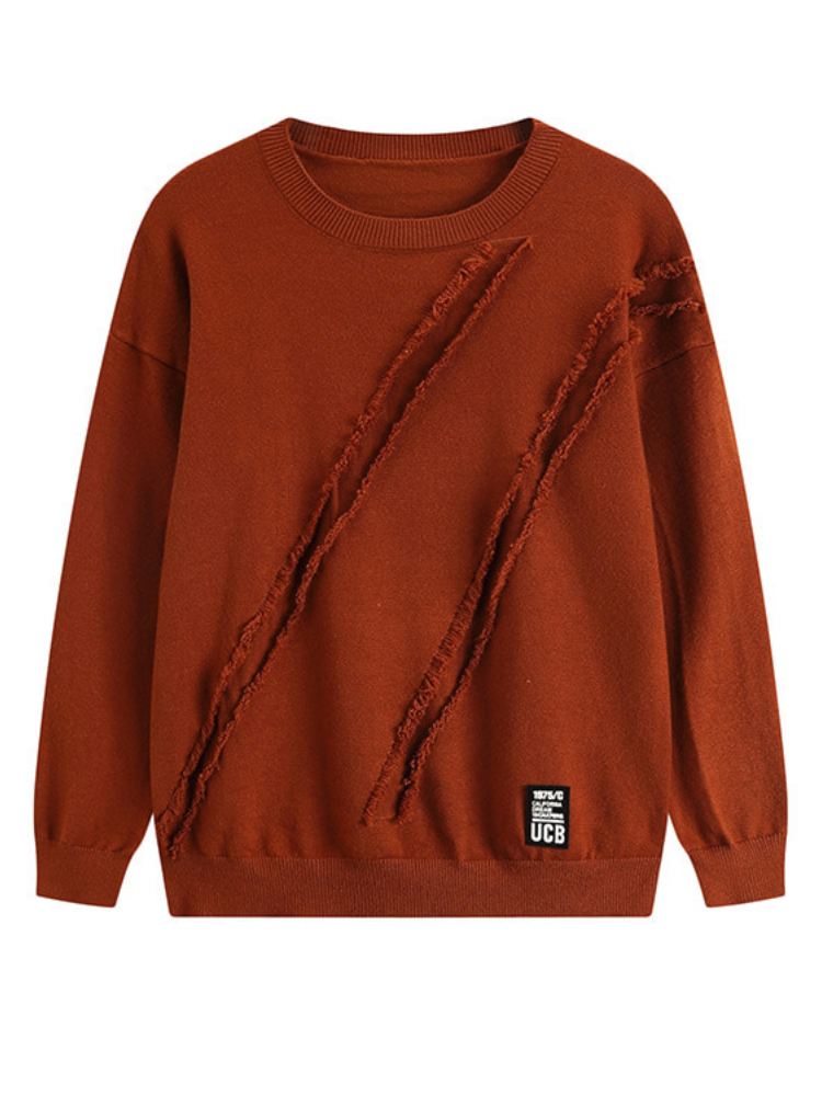 Handmade Frayed Round Neck Knitted Solid Long Sleeve Sweaters