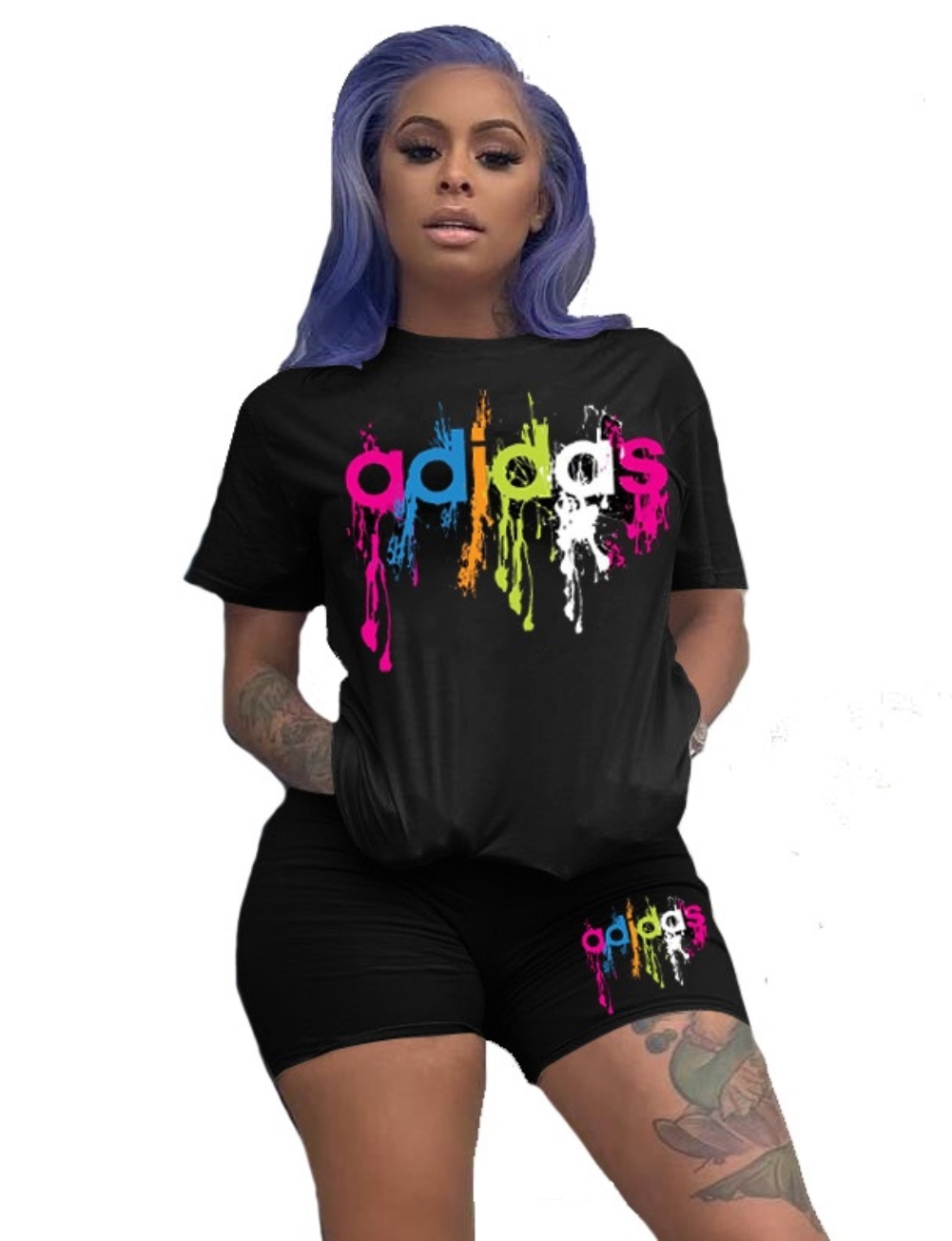 Summer Print Black Two Piece Short Set