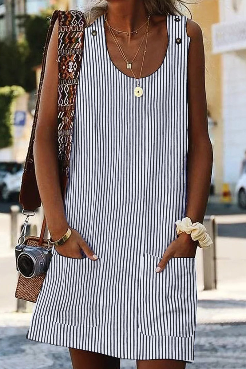 Black Boho Crew Neck Pockets Daily Striped Shift Dress
