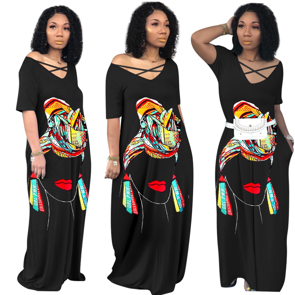 Summer Print Black V-Neck Long Casual Dress