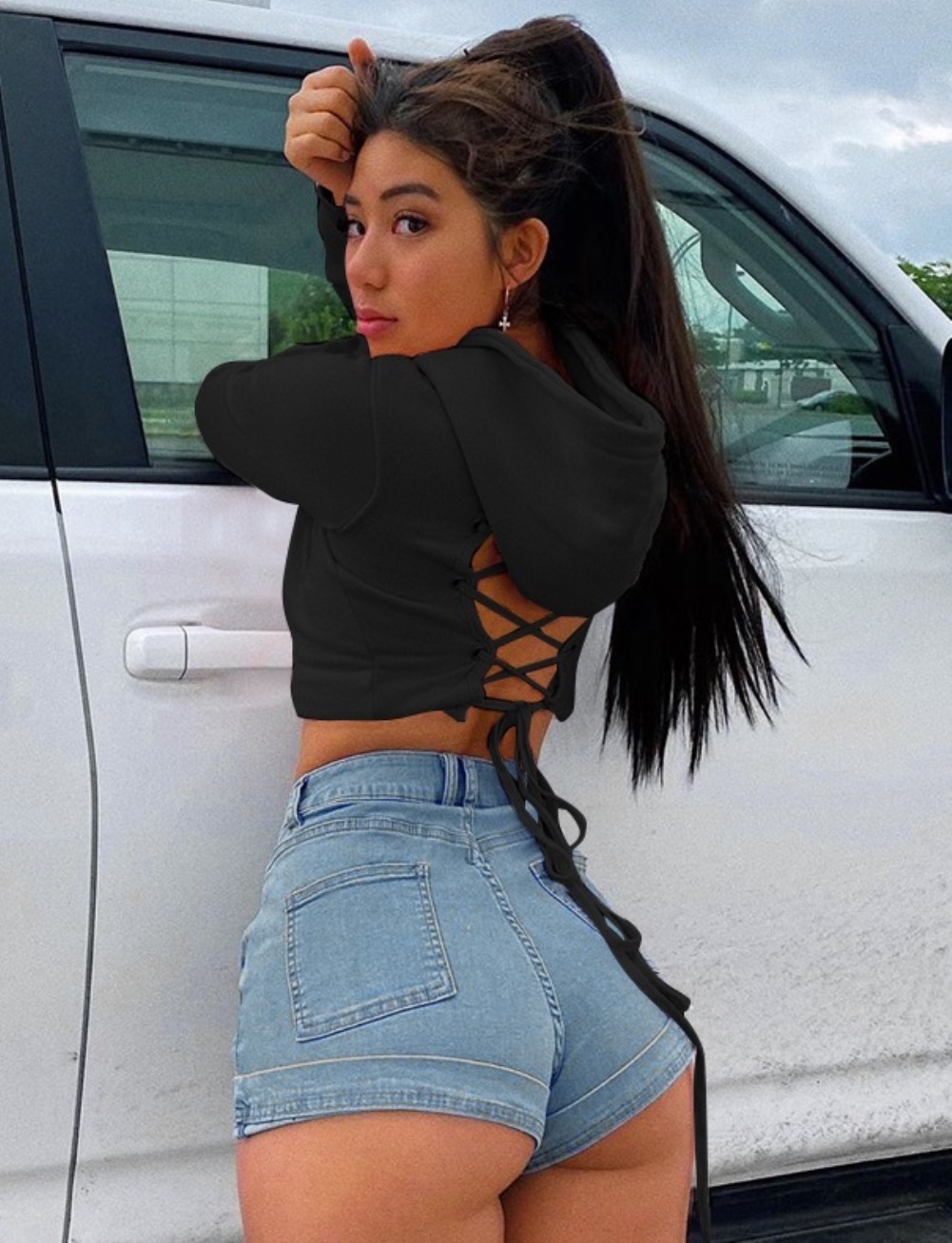 Sexy Lace-Up Back Hoody Crop Top