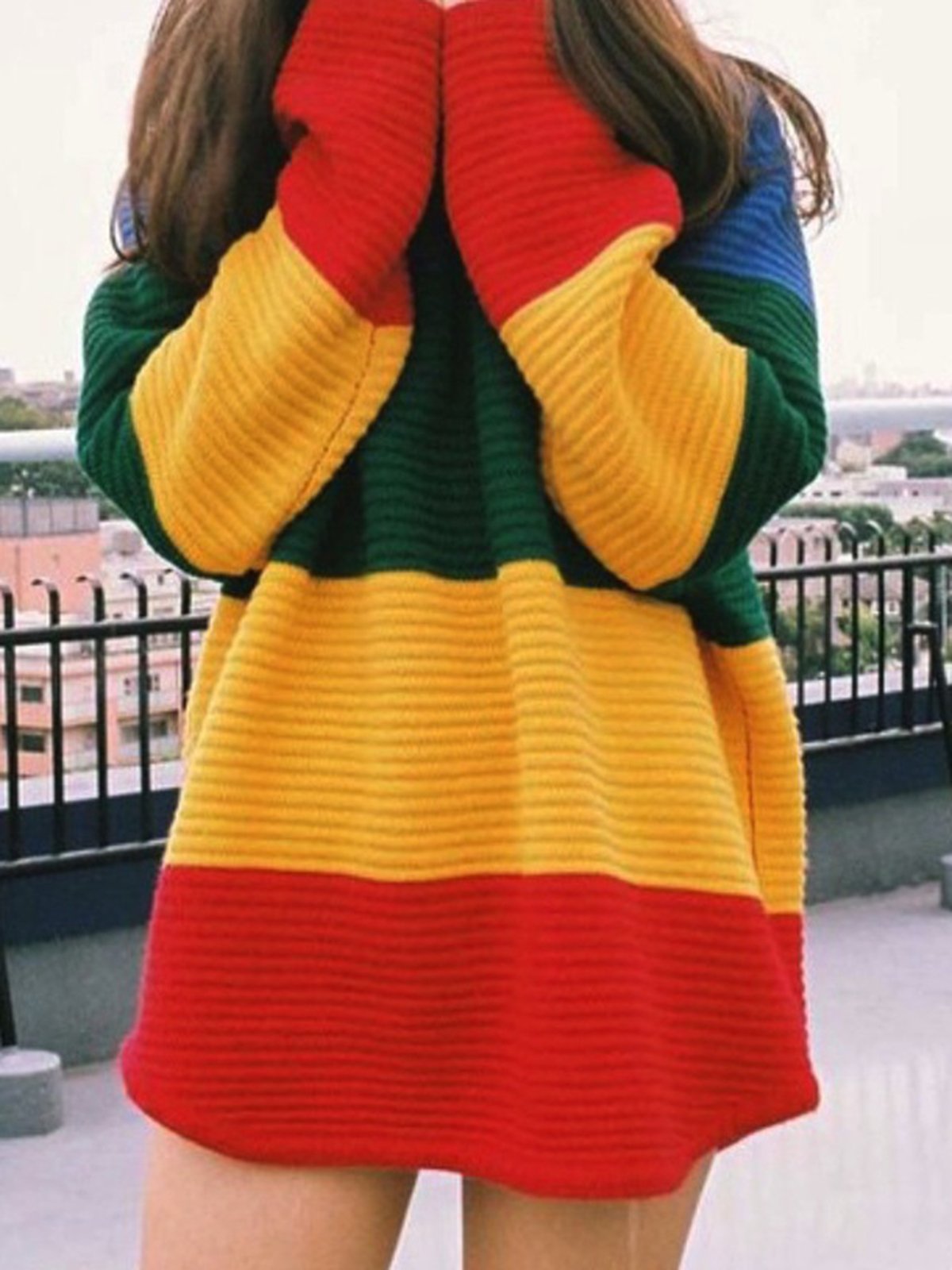 As Picture Knitted Crew Neck Casual Cotton Sweater