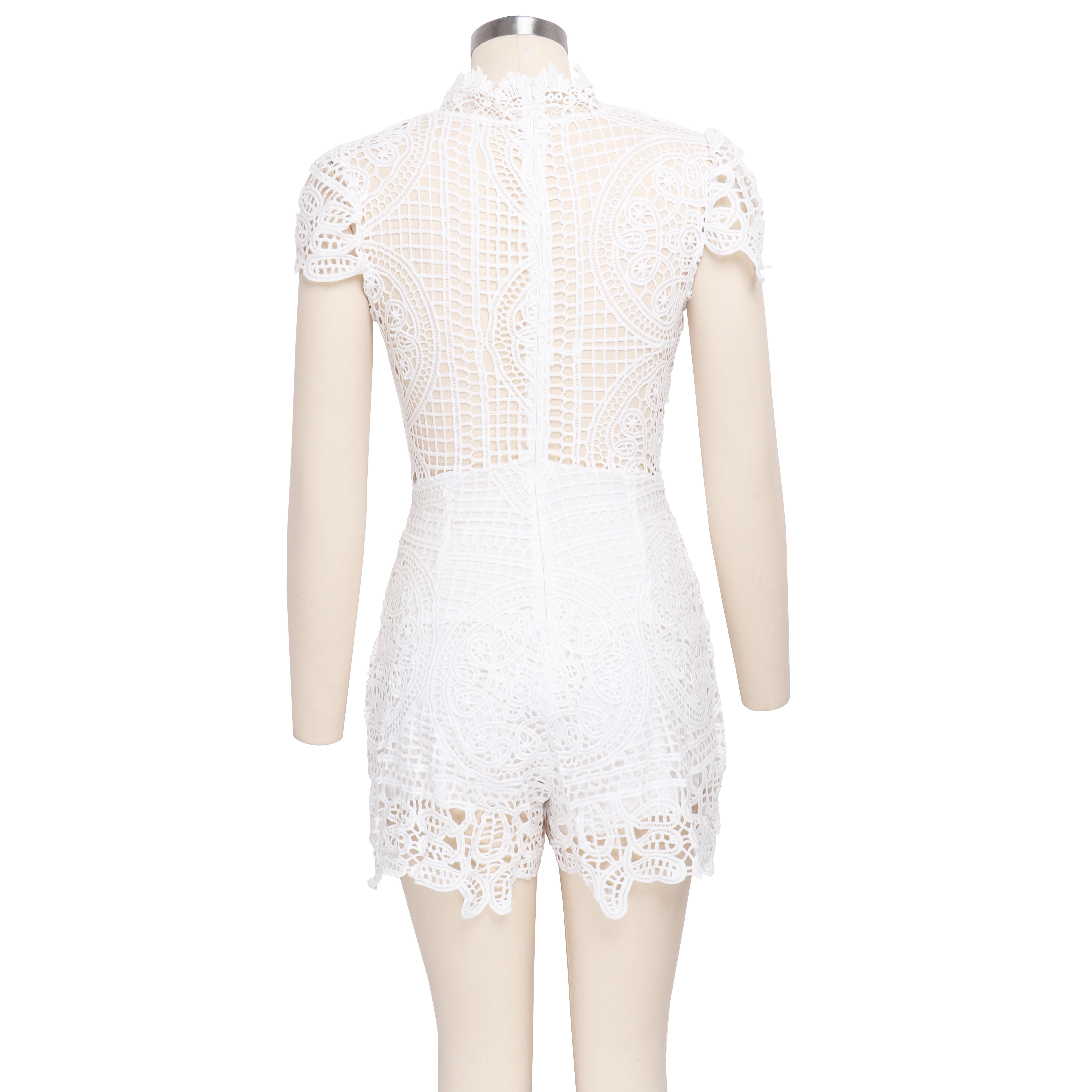 White Crochet Deep-V Sleeveless Rompers