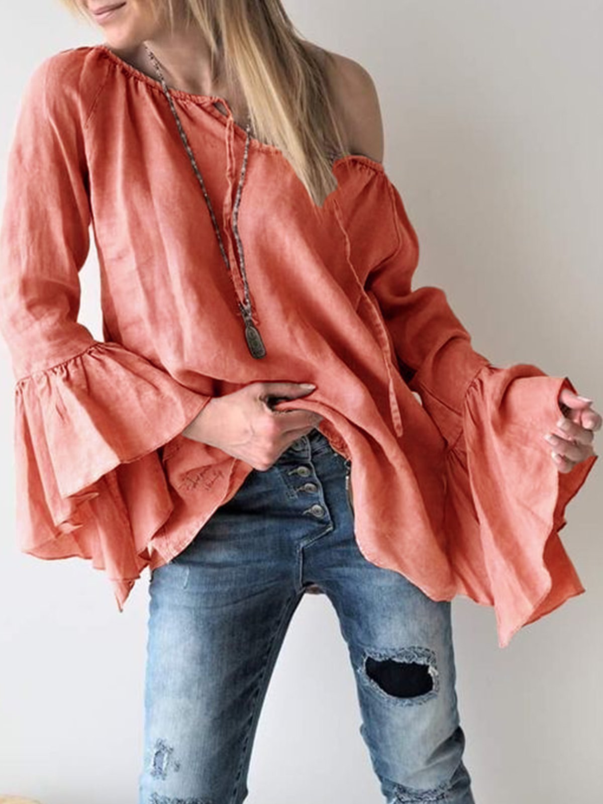 Patchwork Cotton-Blend Sexy V Neck T-Shirts