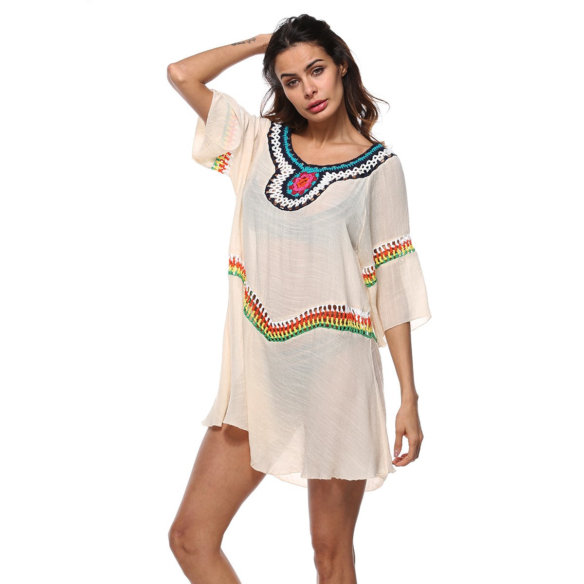 Loose Casual Beach Hollow Out White O Neck Boho Mini Dresses