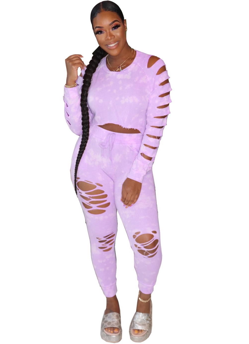 Tie Dye Two Piece Matching Ripped Pants Set