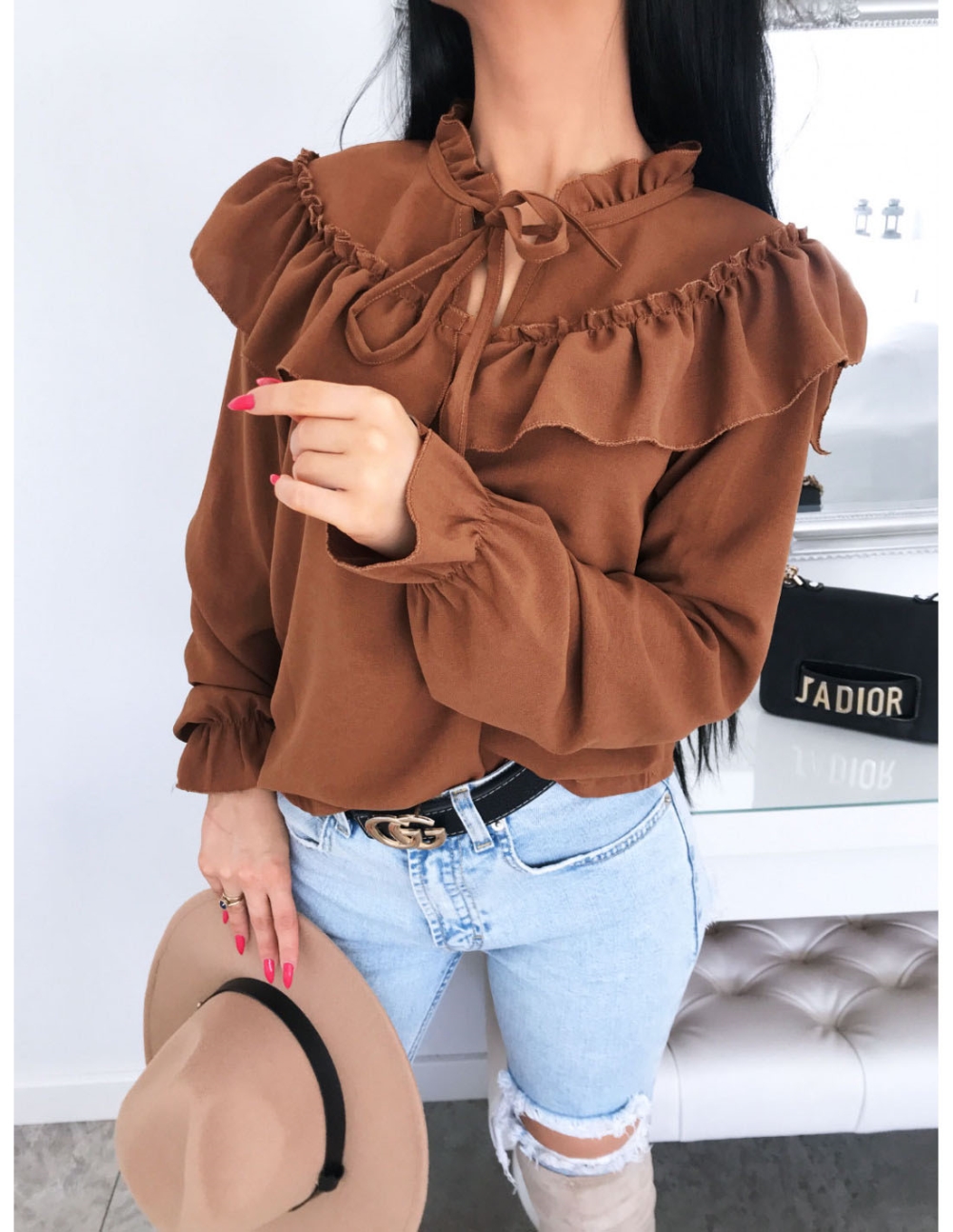 Solid Color Ruffles Vintage Blouse with Sleeves