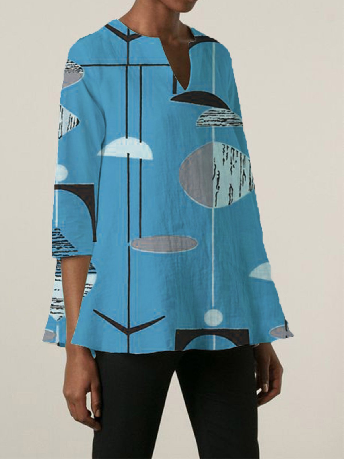 Cotton-Blend Floral 3/4 Sleeve V Neck Shirts & Tops