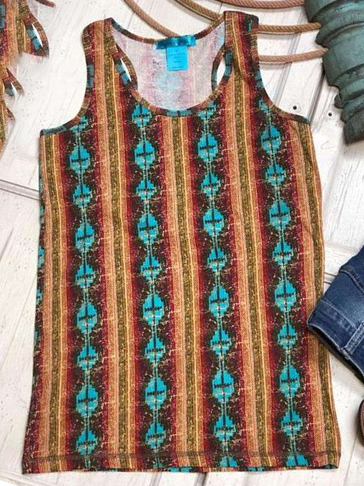 Boho Crew Neck Geometric Sleeveless Holiday Vests