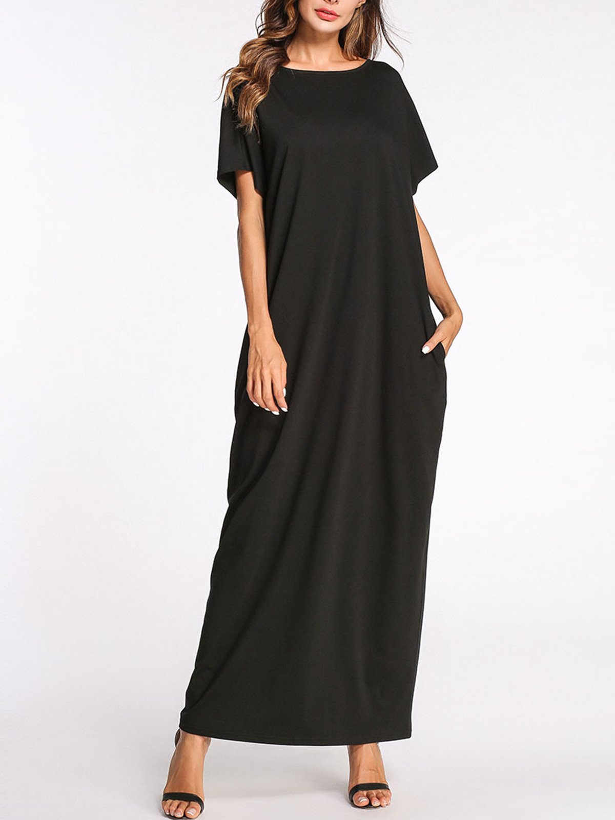 Women Plus Size Black Boat Neck Pockets Solid Bow Shift Maxi Dress