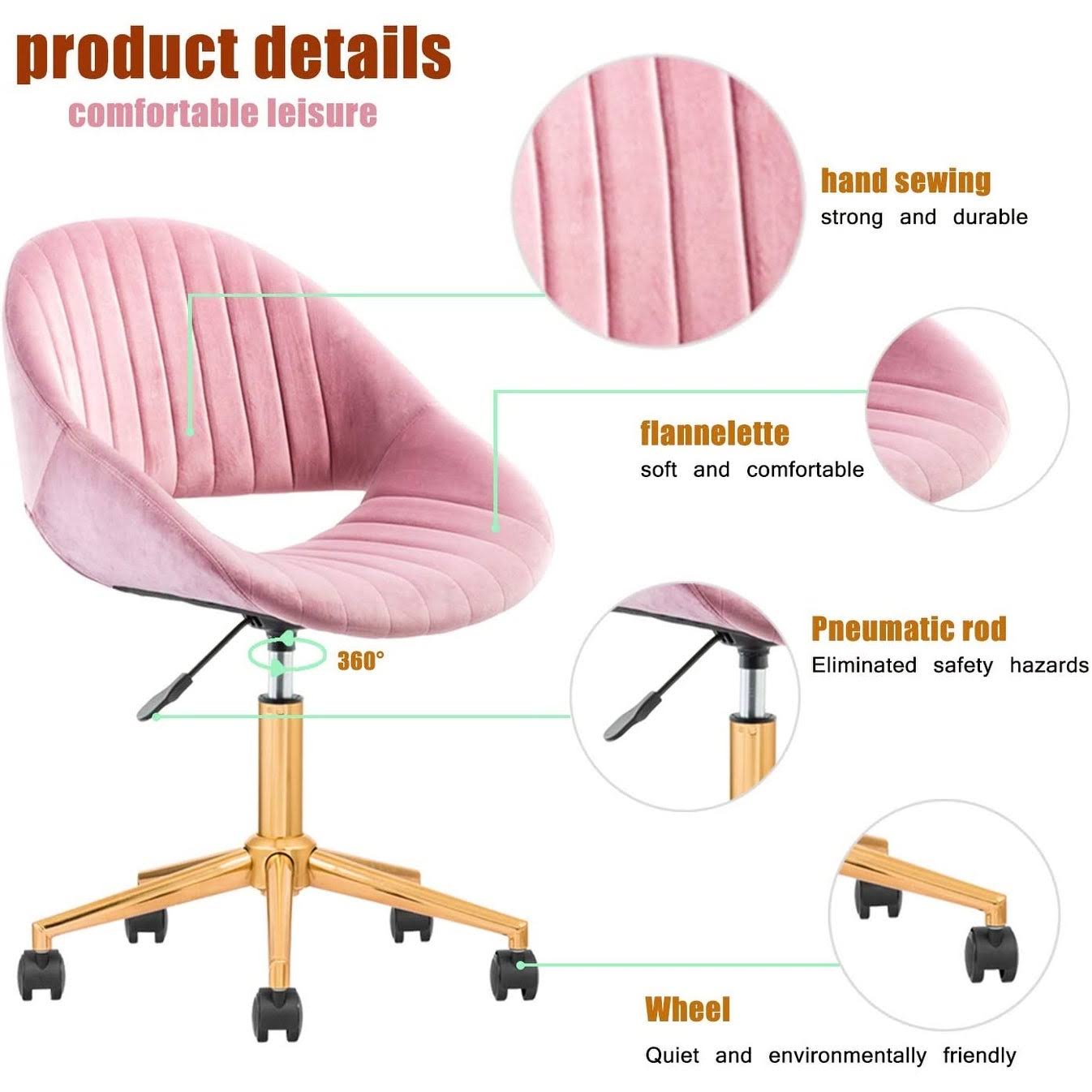 Cute Desk Chair, Adjustable Swivel Office Chair for Girl, Velvet Chair with Wheels - N/A - Grey/Silver