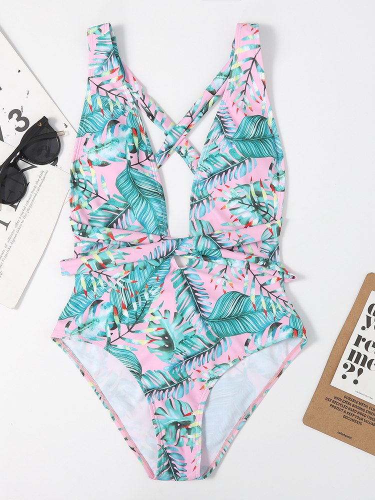 Floral Print Plunging Collar One-Piece Swimsuit