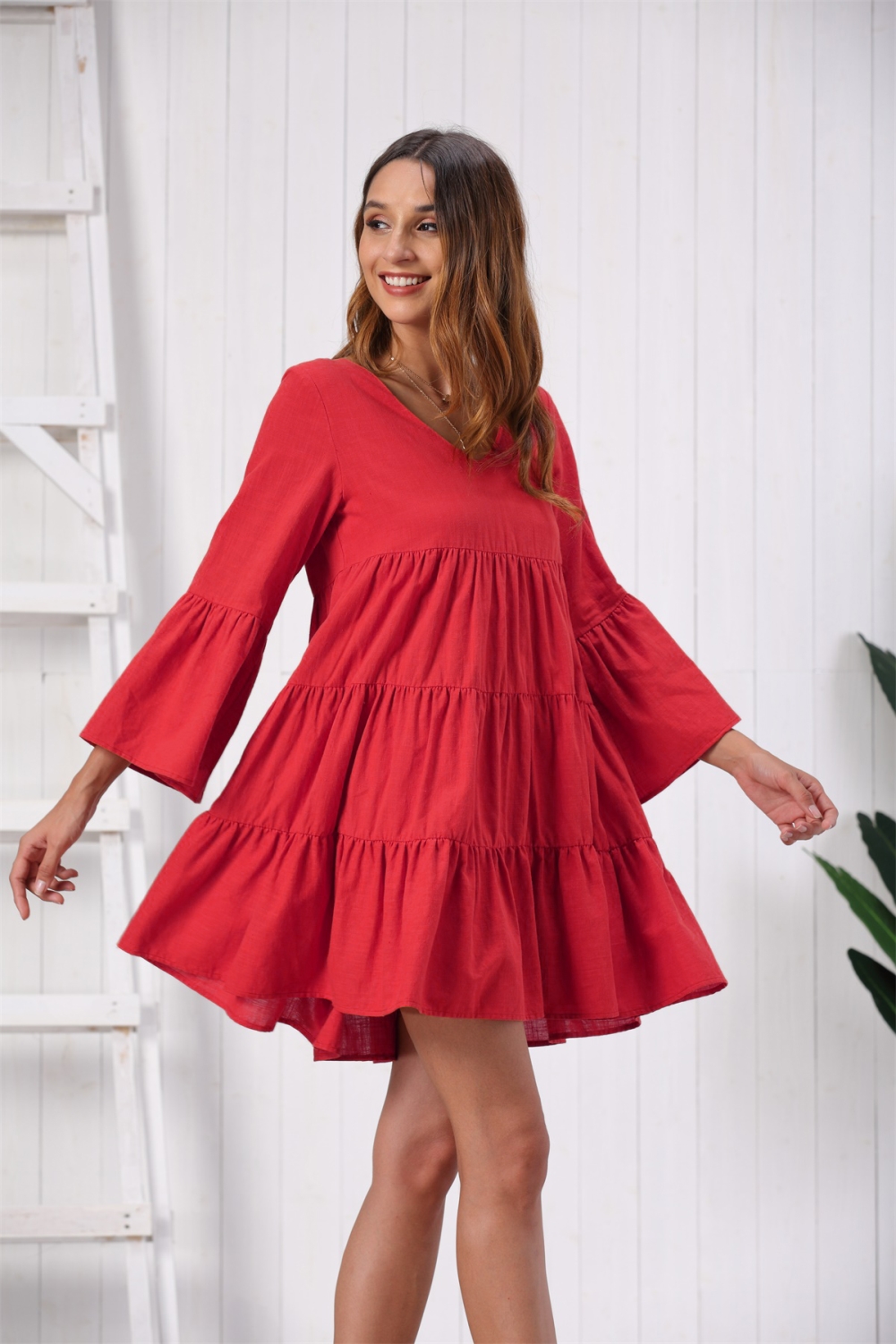 Summer V-Neck A-Line Short Dress with Wide Cuffs