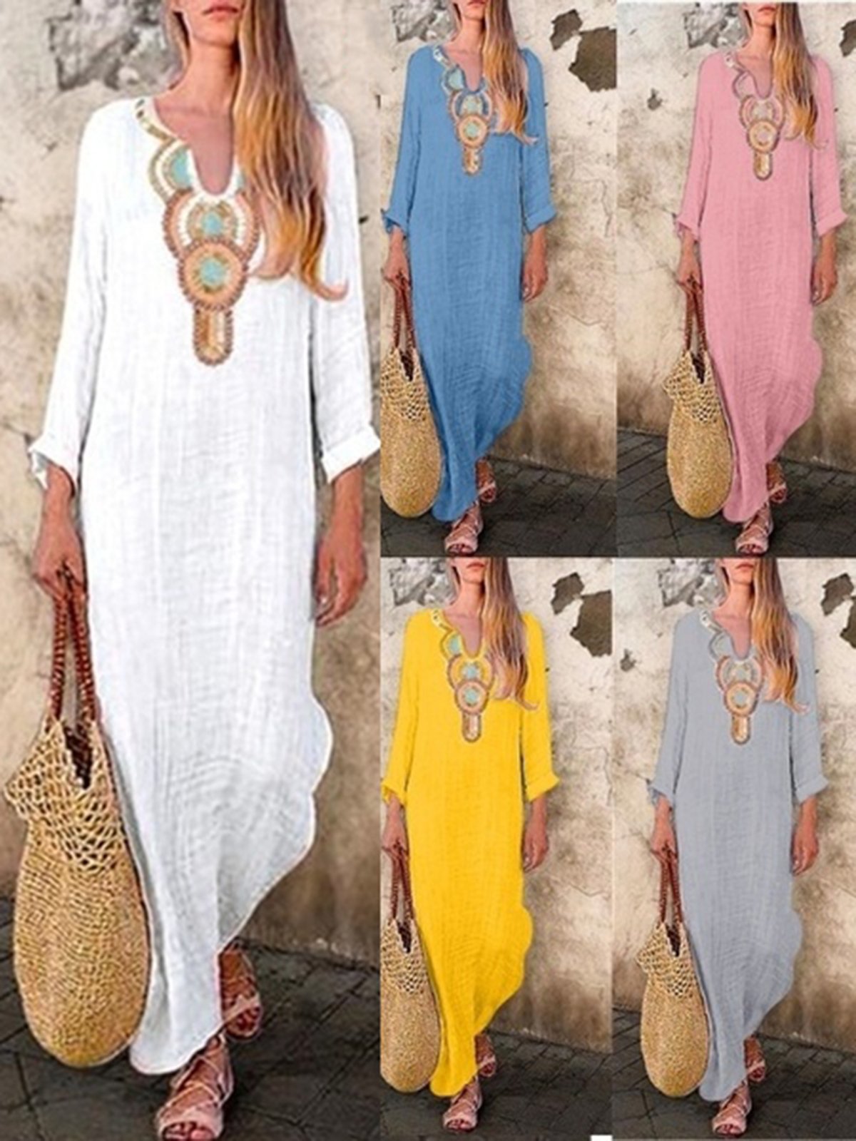 V Neck Vintage Long Sleeve Maxi Dresses