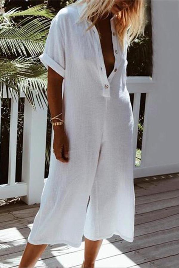 Button Down Collar  Single Breasted  Plain  Short Sleeve Jumpsuit