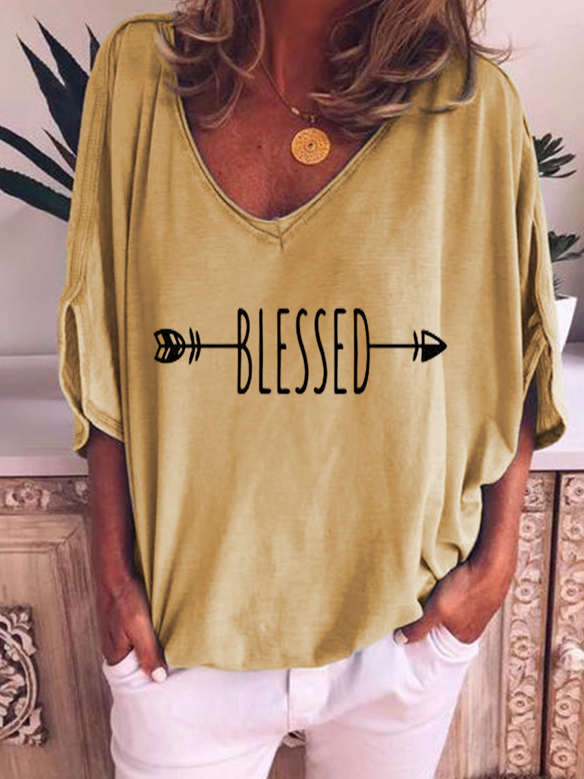 Cotton-Blend V Neck Short Sleeve Casual Shirts & Tops