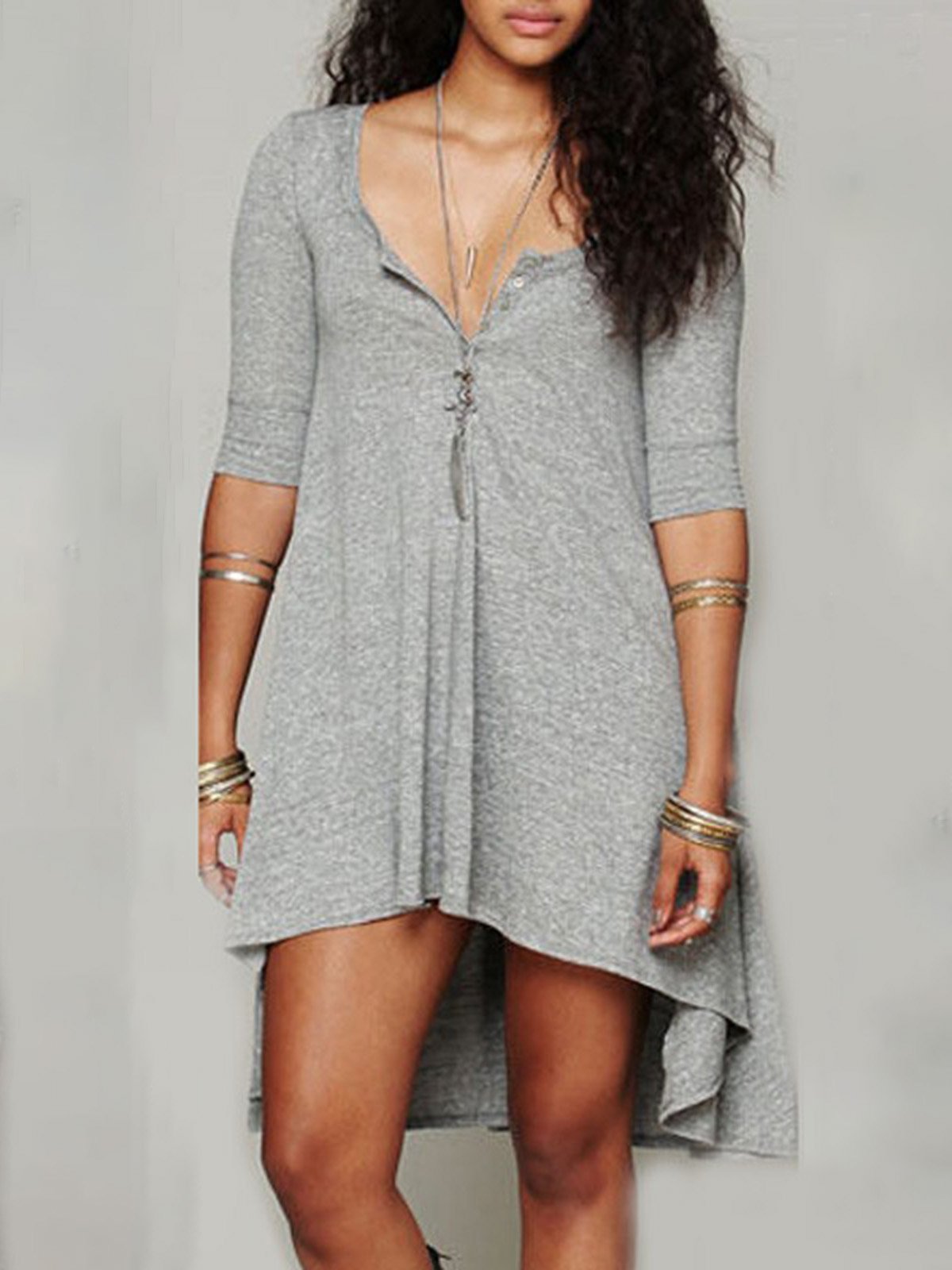 V neck Casual Long Sleeve Buttoned Plus Size T-Shirt