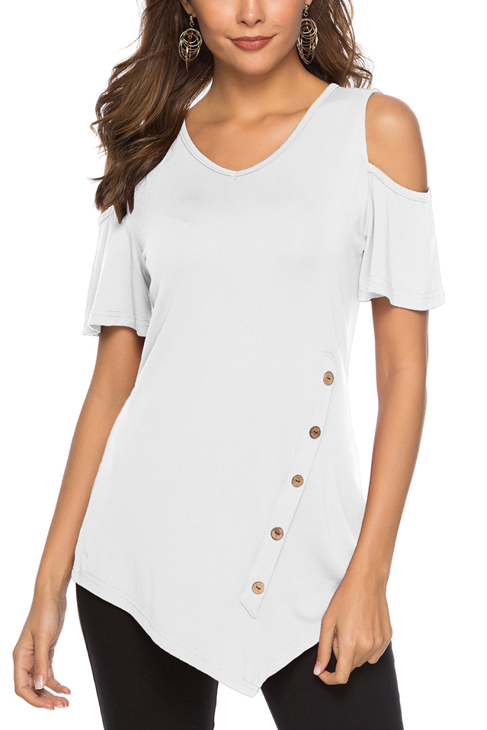 White Irregular Round Neck Cold Shoulder Blouse