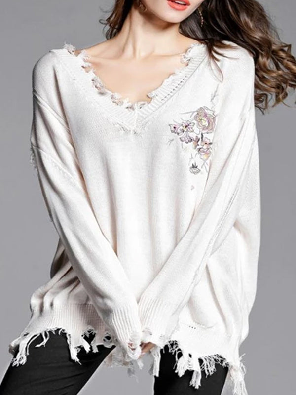 Sweet Fashion Loose Solid Color Irregular Side Long Sleeve Sweater